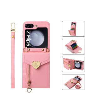 Z Flip 5 Wallet Case with Zipper and Love Symbol