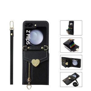 Z Flip 5 Wallet Case with Zipper and Love Symbol