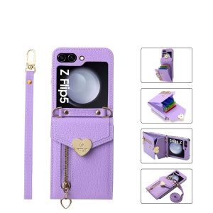Z Flip 5 Wallet Case with Zipper and Love Symbol
