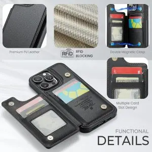 iPhone 16 Series Case with RFID Blocking and 5 Credit Card Holder