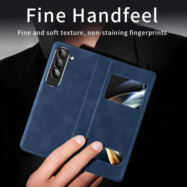 for Samsung Galaxy Z Fold 7 Maghetic Flip Folding Case, Open Window Design, High Luxurious Business Napa Leather Hidden Kickstand Full Body Hinge Protective Slim Cover - Blue