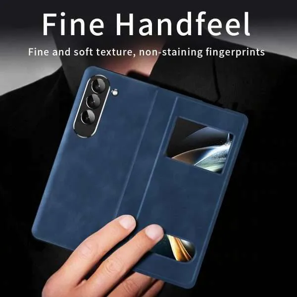 for Samsung Galaxy Z Fold 7 Maghetic Flip Folding Case, Open Window Design, High Luxurious Business Napa Leather Hidden Kickstand Full Body Hinge Protective Slim Cover - Blue