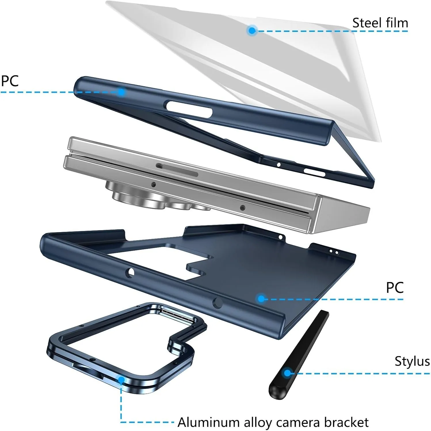 for Samsung Galaxy Z Fold 7 Protect Case with Slim S Pen Slot & Capacitance Pen, Lens Stand and Bulit-in Screen Protection & Hinge Protection Full Body Drop Fall Protection(DarkBlue)