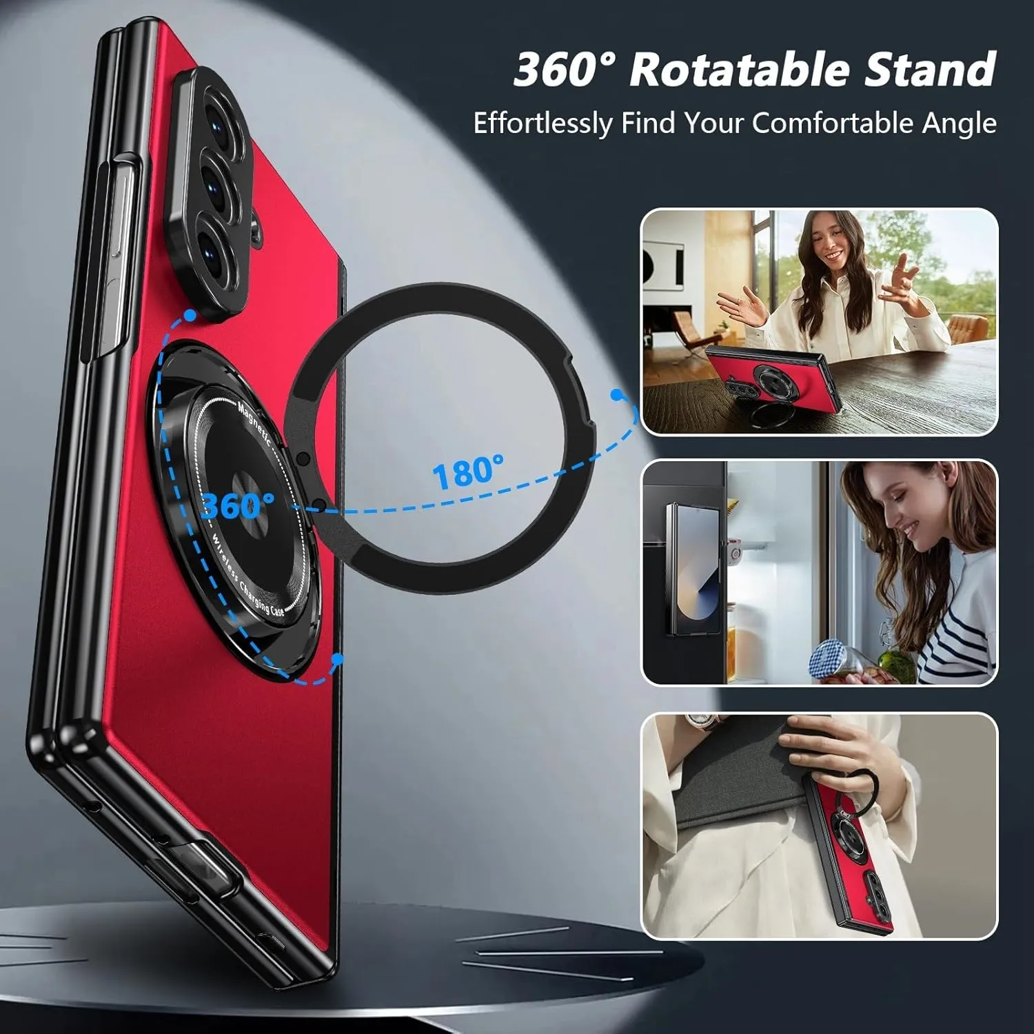 for Samsung Galaxy Z Fold 7 Case with Magnetic Ring Holder, 360 Rotating Bracket, Hinge Protection & Built-in Front Screen Protector, Slim Anti-Drop Shockproof Case.(Red)