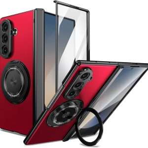 for Samsung Galaxy Z Fold 7 Case with Magnetic Ring Holder, 360 Rotating Bracket, Hinge Protection & Built-in Front Screen Protector, Slim Anti-Drop Shockproof Case.(Red)