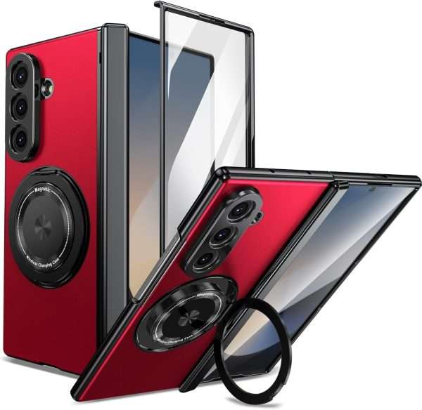 for Samsung Galaxy Z Fold 7 Case with Magnetic Ring Holder, 360 Rotating Bracket, Hinge Protection & Built-in Front Screen Protector, Slim Anti-Drop Shockproof Case.(Red)
