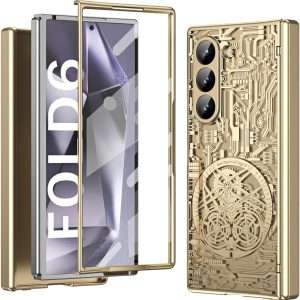 for Samsung Galaxy Z Fold 6 Case with Mechanical Legend Pattern, Front Screen Protector - Sleek Design, Holographic Texture, Plating Folding Completely 360 Full Protection.(Gold)