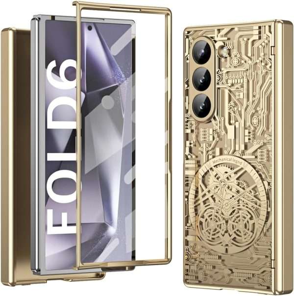 for Samsung Galaxy Z Fold 6 Case with Mechanical Legend Pattern, Front Screen Protector - Sleek Design, Holographic Texture, Plating Folding Completely 360 Full Protection.(Gold)