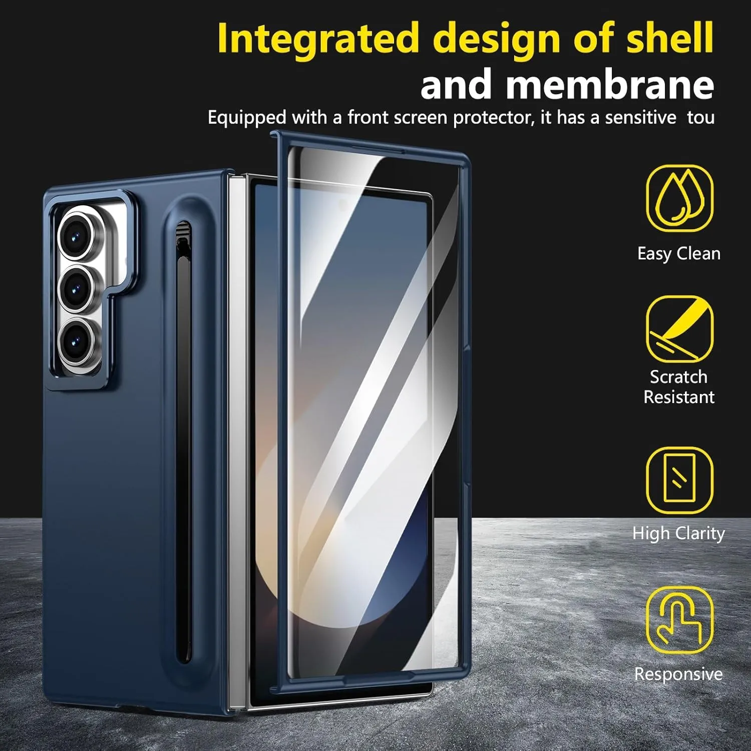 for Samsung Galaxy Z Fold 7 Protect Case with Slim S Pen Slot & Capacitance Pen, Lens Stand and Bulit-in Screen Protection & Hinge Protection Full Body Drop Fall Protection(DarkBlue)