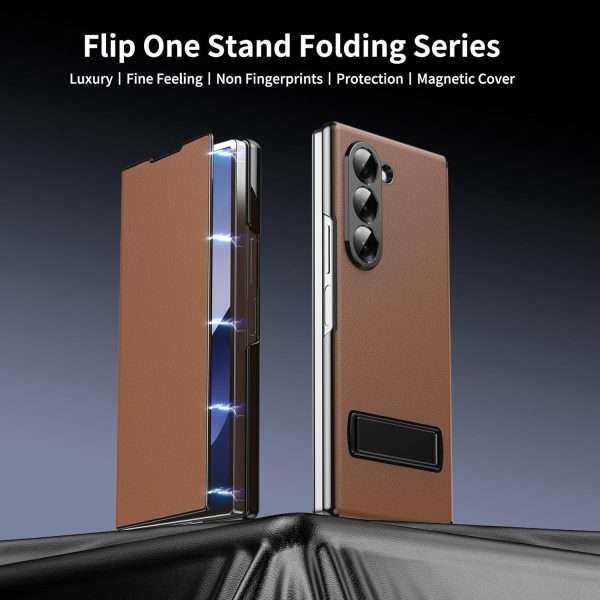 for Samsung Galaxy Z Fold 7 Maghetic Flip Folding Case, Multi-Angle Bracket, High Classy Luxurious Business Leather, Full Body Hinge Protective Slim Cover.(Brown)