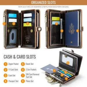 Passport Holder Wallet Bag with 11 Card Slots and Passport Solt Cash Solt Photo Solt Zipper Pocket, RFID Blocking Wristlet Strap for Travel.Brown