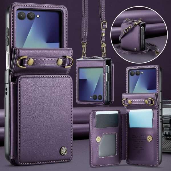 for Samsung Galaxy Z Flip 7 Wallet Case with RFID Blocking and 4 Credit Card Holder, Premium Durable Leather Magnetic Clasp Kickstand Heavy Duty Shockproof Protective Cover.- Purple