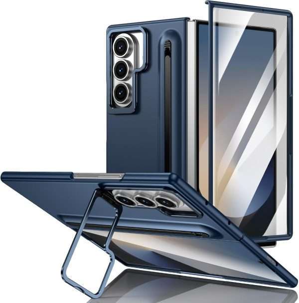 for Samsung Galaxy Z Fold 7 Protect Case with Slim S Pen Slot & Capacitance Pen, Lens Stand and Bulit-in Screen Protection & Hinge Protection Full Body Drop Fall Protection(DarkBlue)