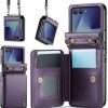 for Samsung Galaxy Z Flip 7 Wallet Case with RFID Blocking and 4 Credit Card Holder, Premium Durable Leather Magnetic Clasp Kickstand Heavy Duty Shockproof Protective Cover.- Purple