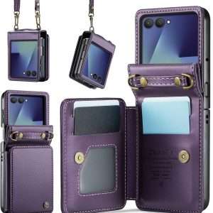 for Samsung Galaxy Z Flip 7 Wallet Case with RFID Blocking and 4 Credit Card Holder, Premium Durable Leather Magnetic Clasp Kickstand Heavy Duty Shockproof Protective Cover.- Purple