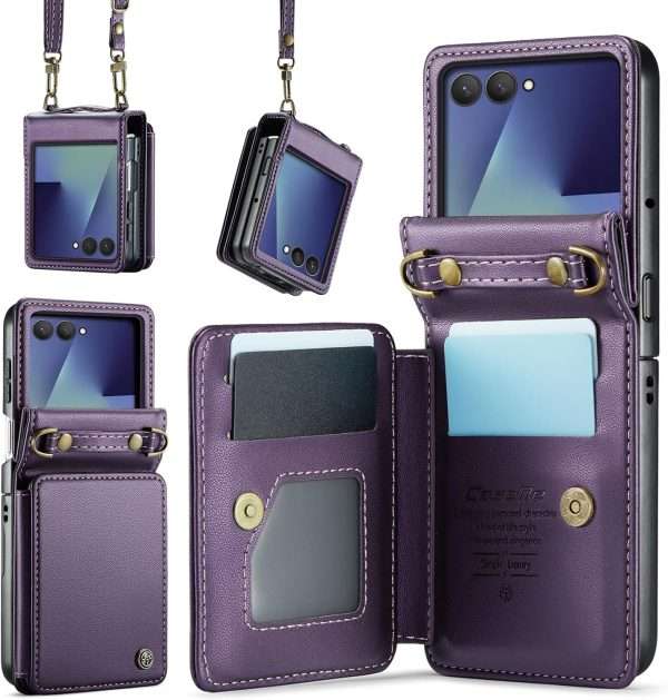 for Samsung Galaxy Z Flip 7 Wallet Case with RFID Blocking and 4 Credit Card Holder, Premium Durable Leather Magnetic Clasp Kickstand Heavy Duty Shockproof Protective Cover.- Purple