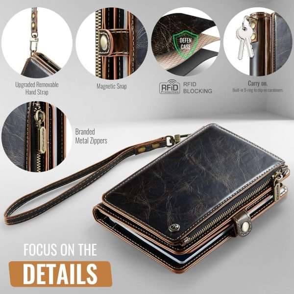 Passport Holder Wallet Bag with 11 Card Slots and Passport Solt Cash Solt Photo Solt Zipper Pocket, RFID Blocking Wristlet Strap for Travel.Brown
