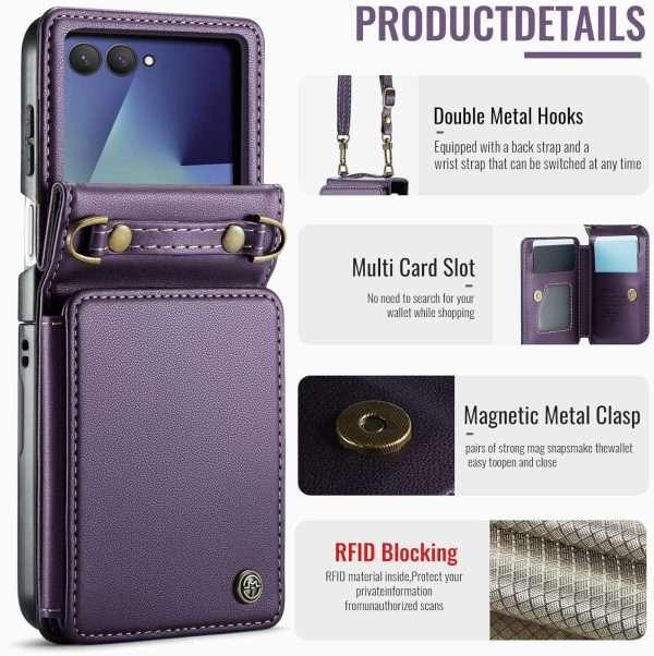 for Samsung Galaxy Z Flip 7 Wallet Case with RFID Blocking and 4 Credit Card Holder, Premium Durable Leather Magnetic Clasp Kickstand Heavy Duty Shockproof Protective Cover.- Purple
