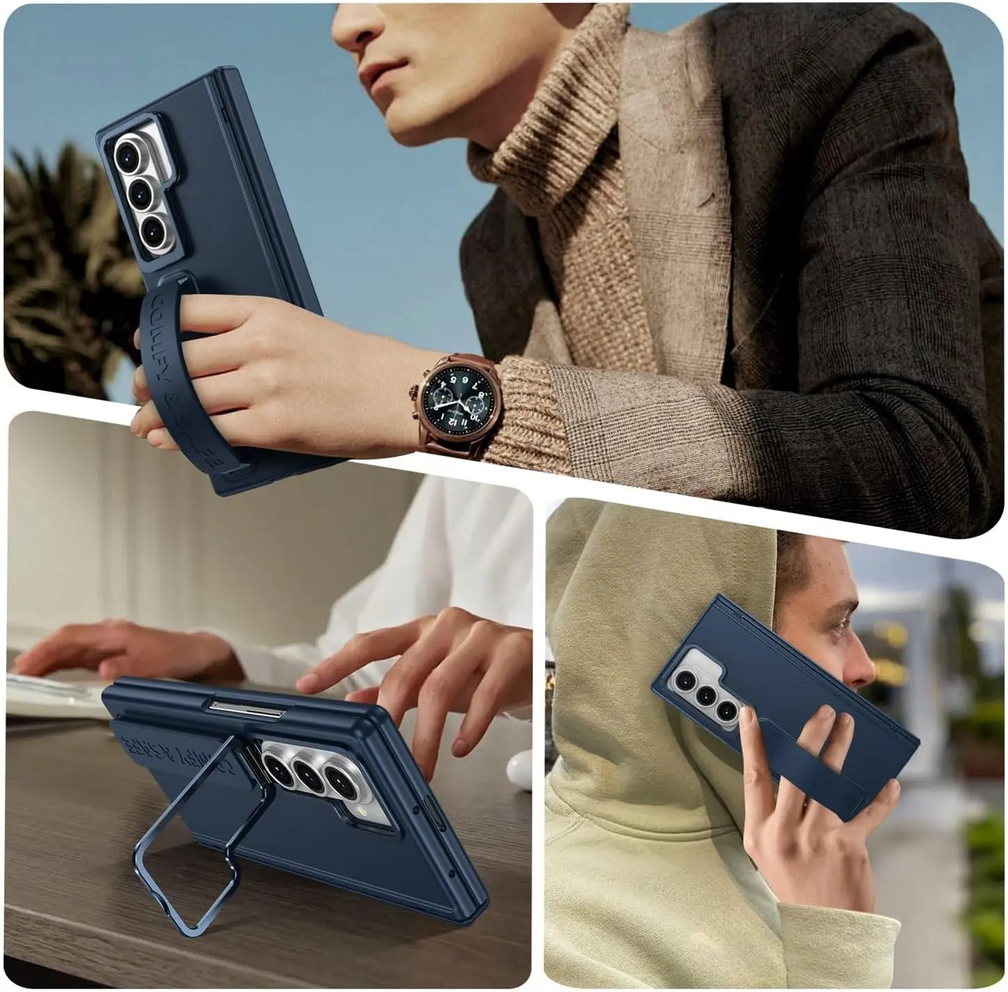 for Samsung Galaxy Z Fold 7 Protect Case with Wristband & Lens Stand,Bulit-in Screen & Hinge Protection Shockproof Full Body Drop Fall Protection.(Blue)