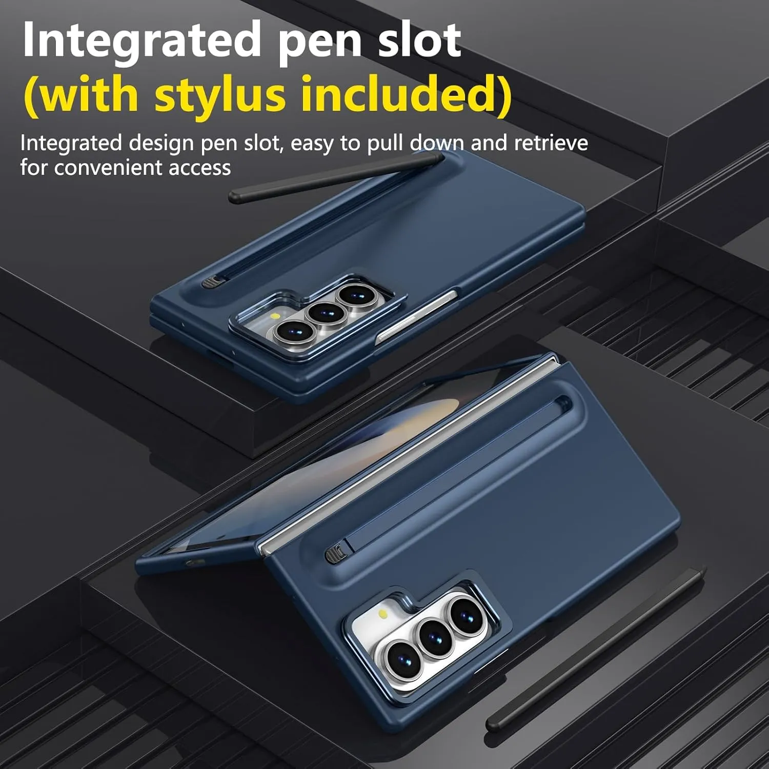 for Samsung Galaxy Z Fold 7 Protect Case with Slim S Pen Slot & Capacitance Pen, Lens Stand and Bulit-in Screen Protection & Hinge Protection Full Body Drop Fall Protection(DarkBlue)