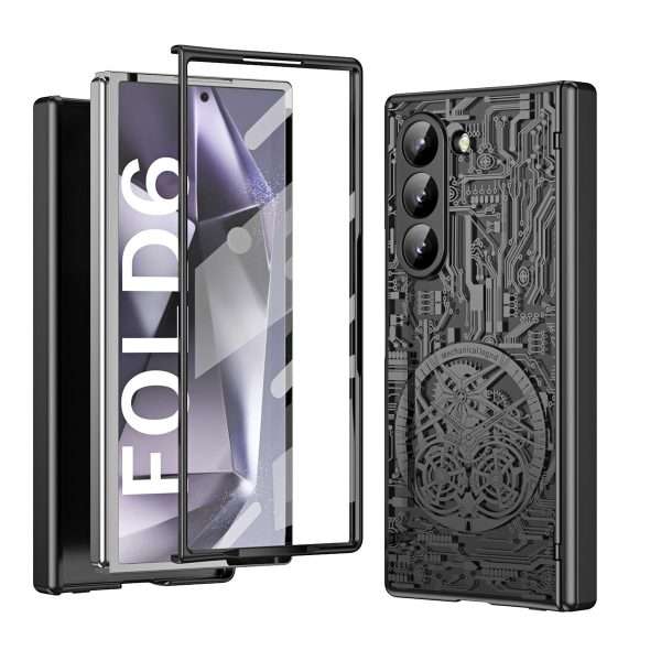 for Samsung Galaxy Z Fold 6 Case with Mechanical Legend Pattern, Front Screen Protector - Sleek Design, Holographic Texture, Plating Folding Completely 360 Full Protection.(Gold)