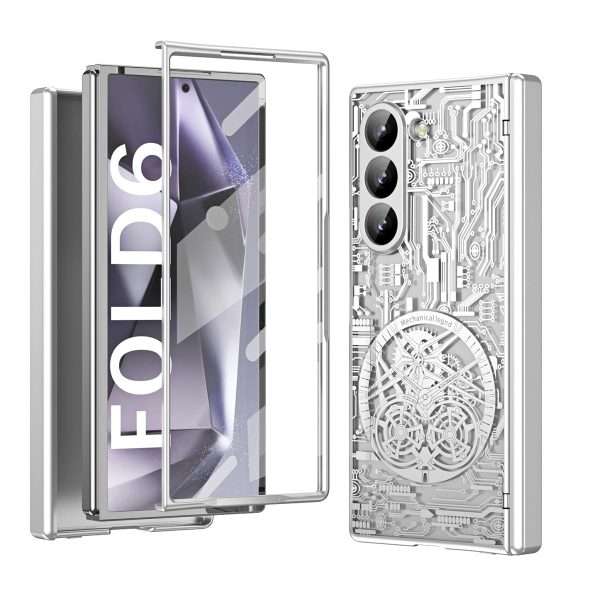 for Samsung Galaxy Z Fold 6 Case with Mechanical Legend Pattern, Front Screen Protector - Sleek Design, Holographic Texture, Plating Folding Completely 360 Full Protection.(Gold)