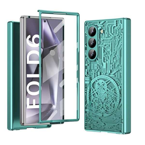 for Samsung Galaxy Z Fold 6 Case with Mechanical Legend Pattern, Front Screen Protector - Sleek Design, Holographic Texture, Plating Folding Completely 360 Full Protection.(Gold)