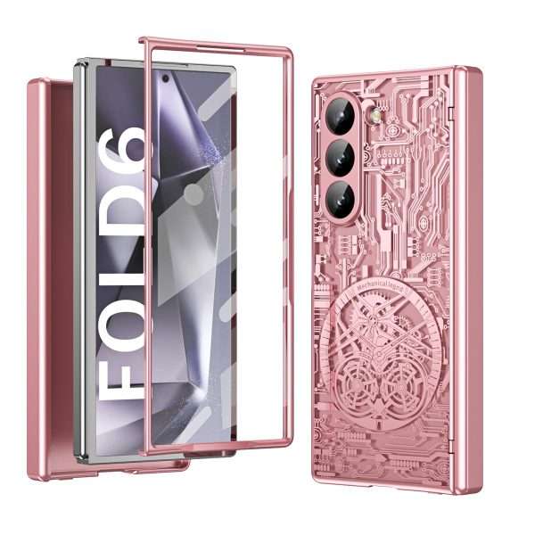 for Samsung Galaxy Z Fold 6 Case with Mechanical Legend Pattern, Front Screen Protector - Sleek Design, Holographic Texture, Plating Folding Completely 360 Full Protection.(Gold)