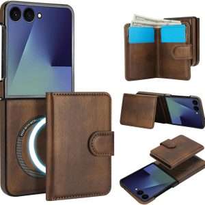 for Samsung Galaxy Z Flip 7 Case with 2 in 1 Detachable Magnetic Wallet, 4 Card Slots and Cash Slot,Compatible with MagSafe Wireless Charging, RFlD Blocking - Brown