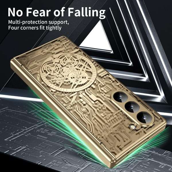 for Samsung Galaxy Z Fold 6 Case with Mechanical Legend Pattern, Front Screen Protector - Sleek Design, Holographic Texture, Plating Folding Completely 360 Full Protection.(Gold)