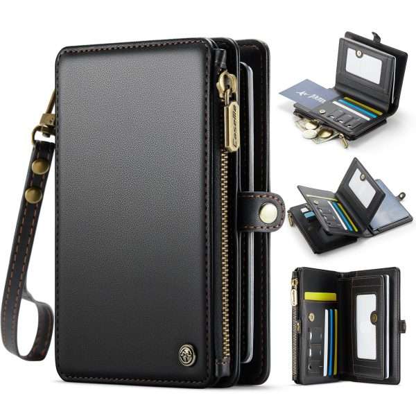 Passport Holder Wallet Bag with 11 Card Slots and Passport Solt Cash Solt Photo Solt Zipper Pocket, RFID Blocking Wristlet Strap for Travel.Brown