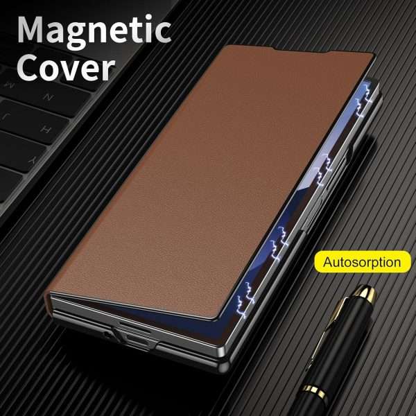 for Samsung Galaxy Z Fold 7 Maghetic Flip Folding Case, Multi-Angle Bracket, High Classy Luxurious Business Leather, Full Body Hinge Protective Slim Cover.(Brown)