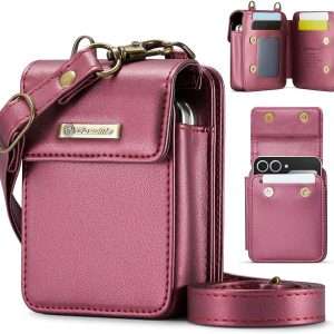 Flip Wallet Bag with 5 Card Slots Cash Solt Zipper Pocket, RFID Blocking Hand and Crossbody Shoulder Strap.Wine