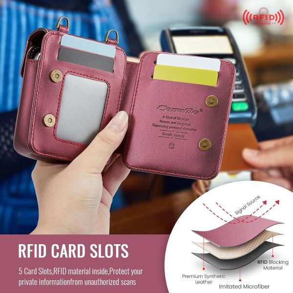 Flip Wallet Bag with 5 Card Slots Cash Solt Zipper Pocket, RFID Blocking Hand and Crossbody Shoulder Strap.Wine