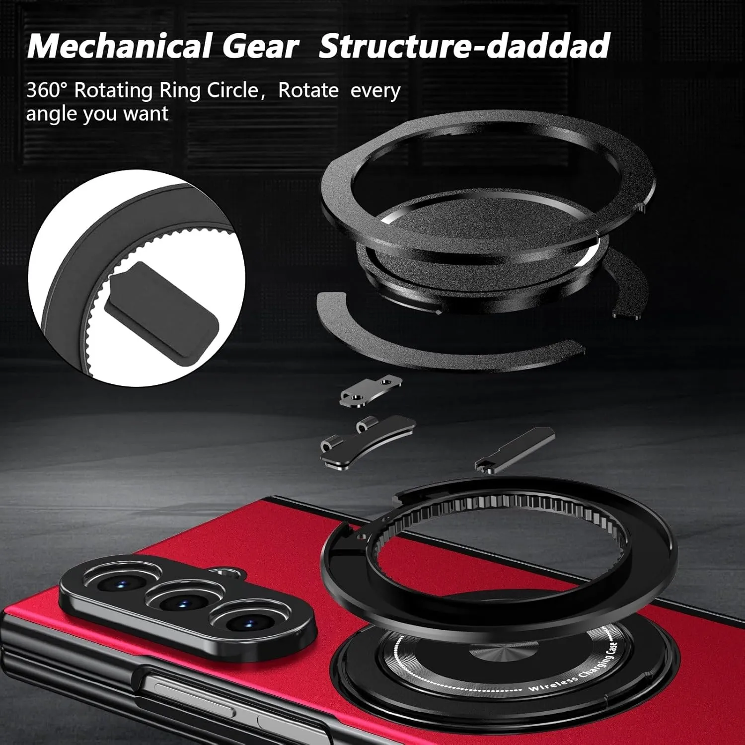 for Samsung Galaxy Z Fold 7 Case with Magnetic Ring Holder, 360 Rotating Bracket, Hinge Protection & Built-in Front Screen Protector, Slim Anti-Drop Shockproof Case.(Red)