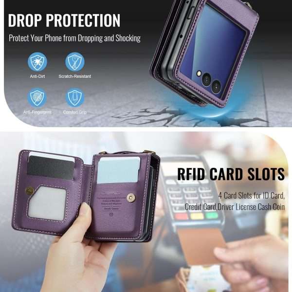 for Samsung Galaxy Z Flip 7 Wallet Case with RFID Blocking and 4 Credit Card Holder, Premium Durable Leather Magnetic Clasp Kickstand Heavy Duty Shockproof Protective Cover.- Purple