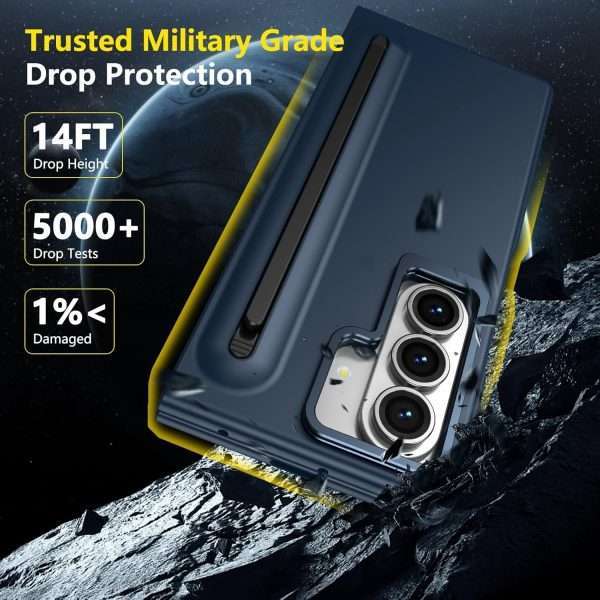 for Samsung Galaxy Z Fold 7 Protect Case with Slim S Pen Slot & Capacitance Pen, Lens Stand and Bulit-in Screen Protection & Hinge Protection Full Body Drop Fall Protection(DarkBlue)