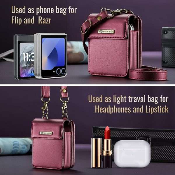 Flip Wallet Bag with 5 Card Slots Cash Solt Zipper Pocket, RFID Blocking Hand and Crossbody Shoulder Strap.Wine