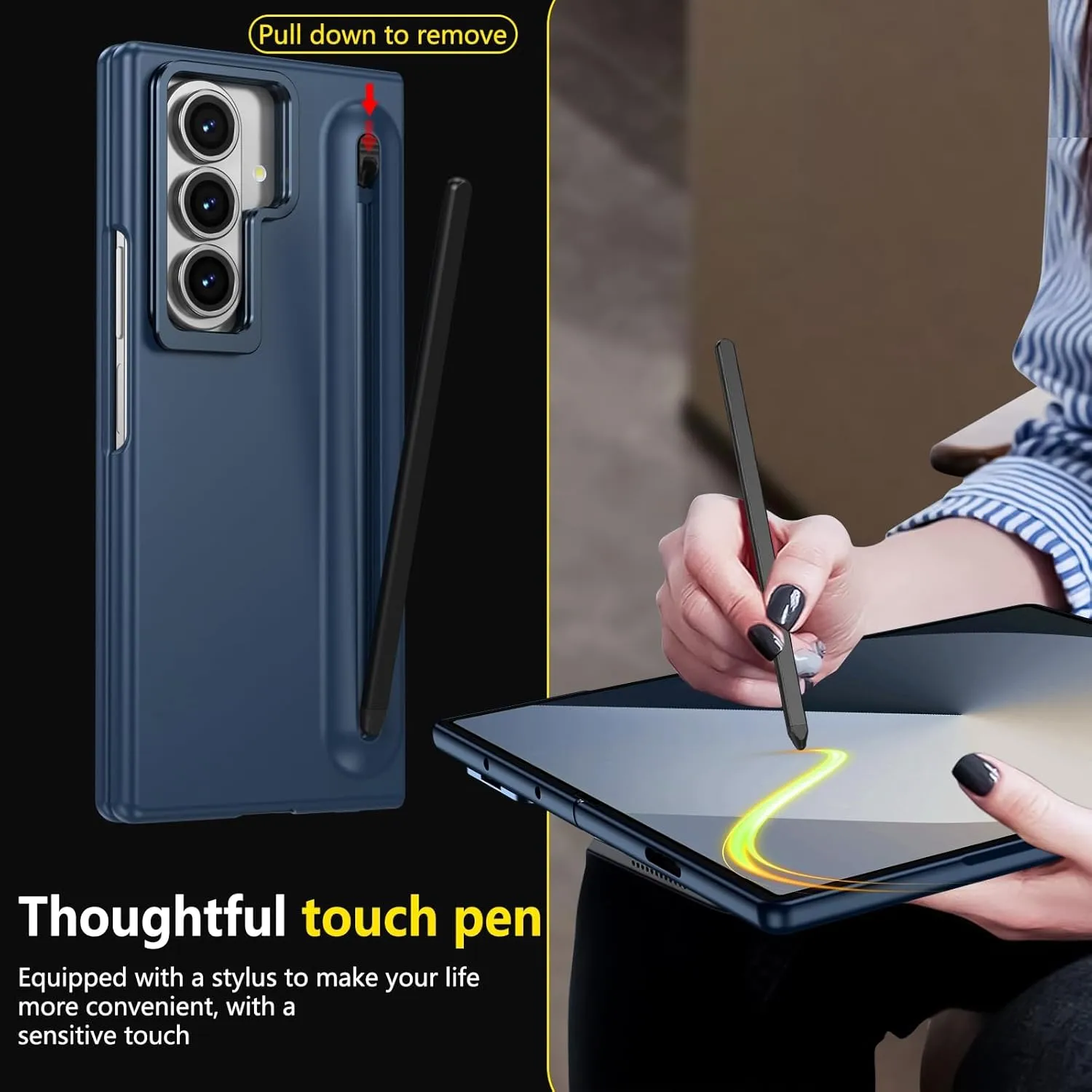 for Samsung Galaxy Z Fold 7 Protect Case with Slim S Pen Slot & Capacitance Pen, Lens Stand and Bulit-in Screen Protection & Hinge Protection Full Body Drop Fall Protection(DarkBlue)