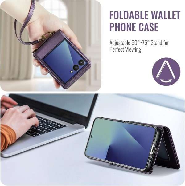 for Samsung Galaxy Z Flip 7 Wallet Case with RFID Blocking and 4 Credit Card Holder, Premium Durable Leather Magnetic Clasp Kickstand Heavy Duty Shockproof Protective Cover.- Purple