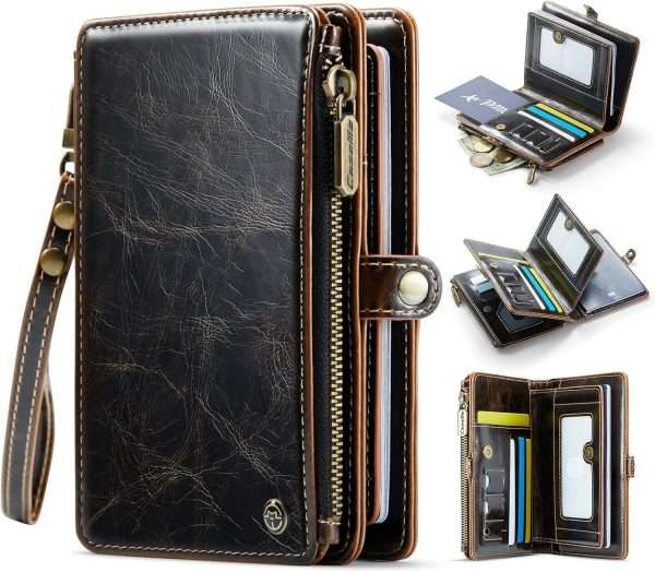 Passport Holder Wallet Bag with 11 Card Slots and Passport Solt Cash Solt Photo Solt Zipper Pocket, RFID Blocking Wristlet Strap for Travel.Brown