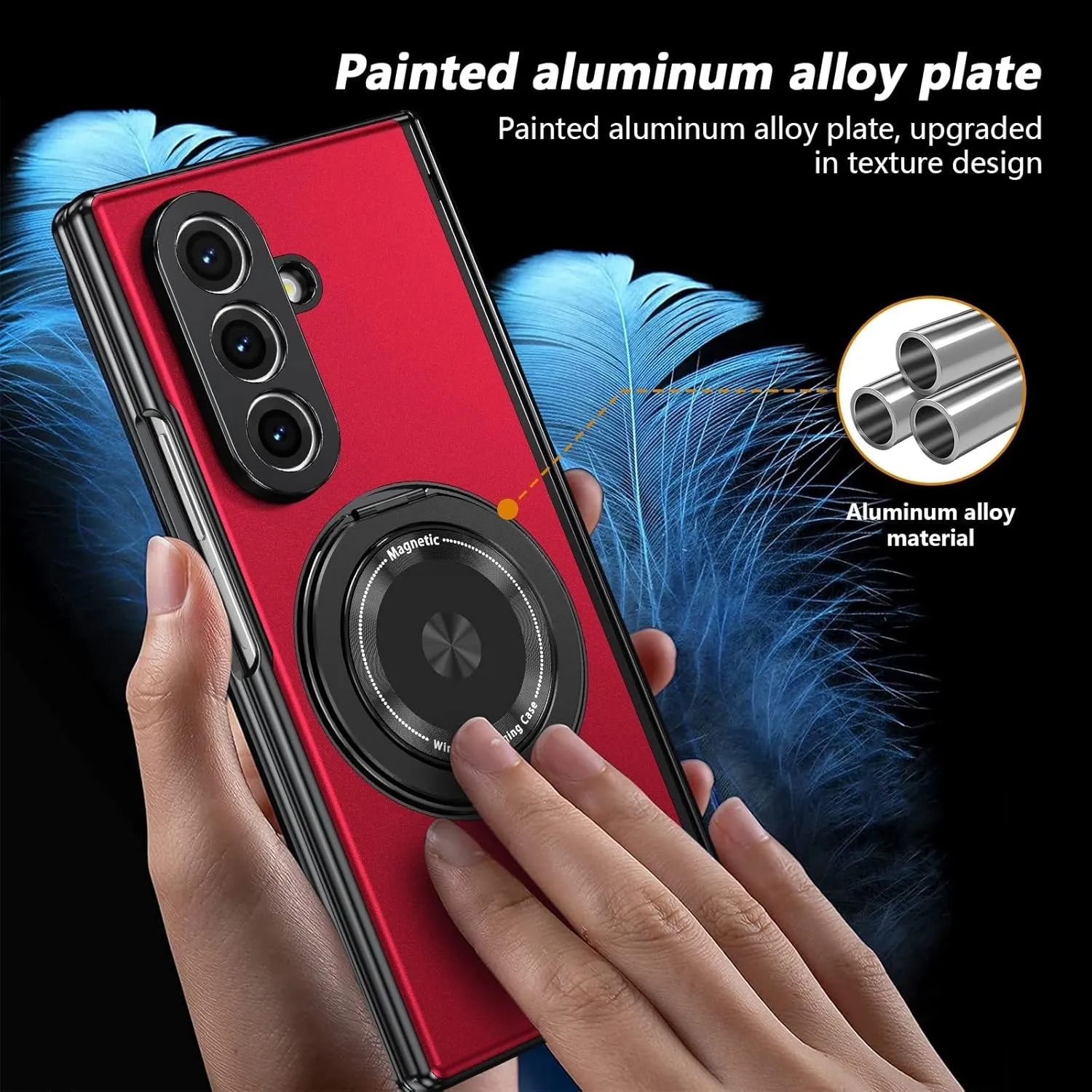 for Samsung Galaxy Z Fold 7 Case with Magnetic Ring Holder, 360 Rotating Bracket, Hinge Protection & Built-in Front Screen Protector, Slim Anti-Drop Shockproof Case.(Red)