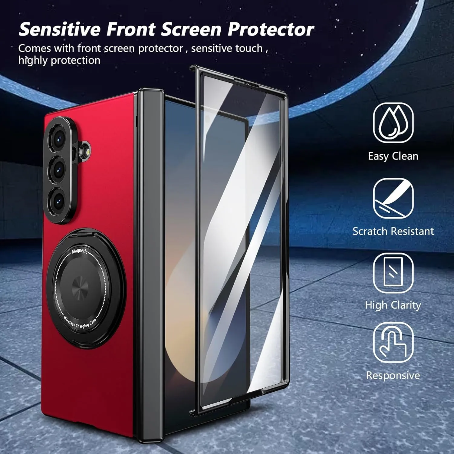 for Samsung Galaxy Z Fold 7 Case with Magnetic Ring Holder, 360 Rotating Bracket, Hinge Protection & Built-in Front Screen Protector, Slim Anti-Drop Shockproof Case.(Red)