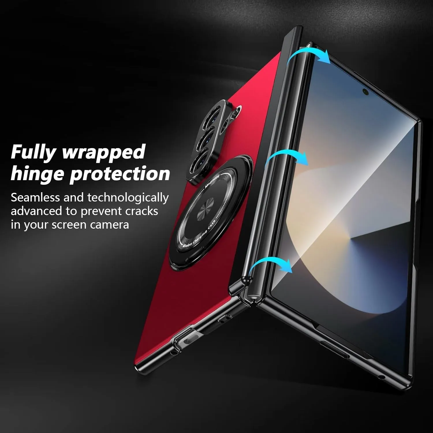 for Samsung Galaxy Z Fold 7 Case with Magnetic Ring Holder, 360 Rotating Bracket, Hinge Protection & Built-in Front Screen Protector, Slim Anti-Drop Shockproof Case.(Red)