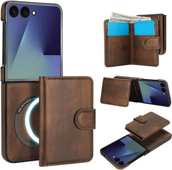 for Samsung Galaxy Z Flip 7 Case with 2 in 1 Detachable Magnetic Wallet, 4 Card Slots and Cash Slot,Compatible with MagSafe Wireless Charging, RFlD Blocking - Brown