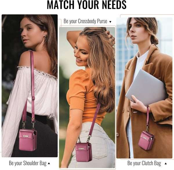 Flip Wallet Bag with 5 Card Slots Cash Solt Zipper Pocket, RFID Blocking Hand and Crossbody Shoulder Strap.Wine