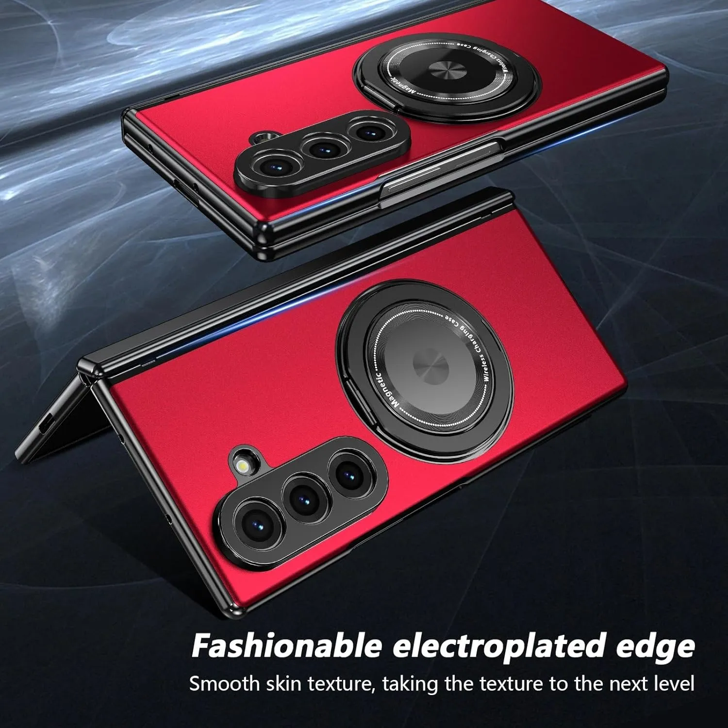 for Samsung Galaxy Z Fold 7 Case with Magnetic Ring Holder, 360 Rotating Bracket, Hinge Protection & Built-in Front Screen Protector, Slim Anti-Drop Shockproof Case.(Red)