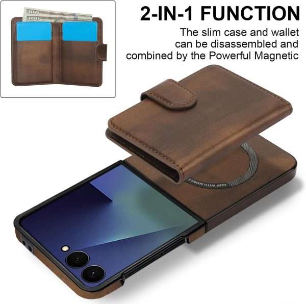for Samsung Galaxy Z Flip 7 Case with 2 in 1 Detachable Magnetic Wallet, 4 Card Slots and Cash Slot,Compatible with MagSafe Wireless Charging, RFlD Blocking - Brown