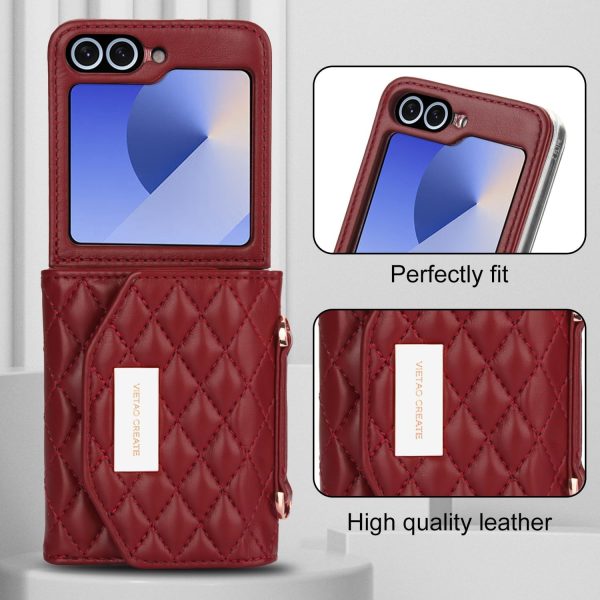 for Samsung Galaxy Z Flip 7 Wallet Case with Built-in Leather Cash Slot and Credit Card Holder, Adjustable Crossbody Strap, Hinge Protection for Women Ladies.(Red)
