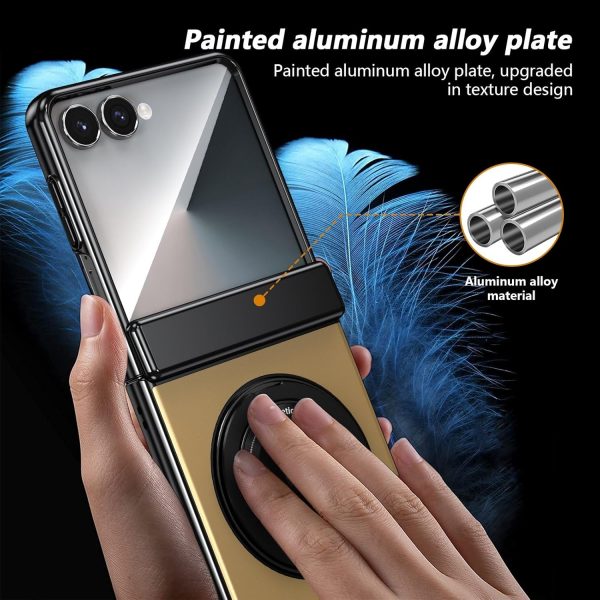 for Samsung Galaxy Z Flip 7 Case with Magnetic Ring Holder, 360 Rotating Bracket, Hinge Protection & Built-in Front Screen Protector, Slim Anti-Drop Shockproof Case.(Gold)